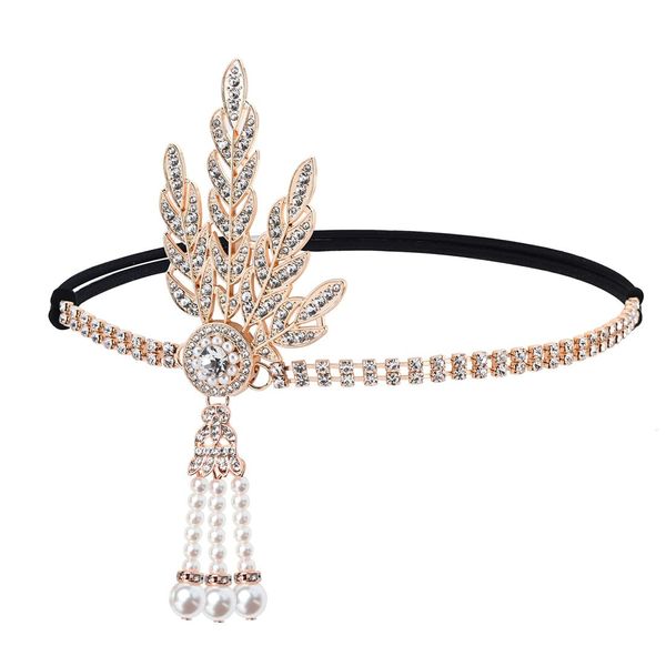 1920s Stirnband Damen 20er Jahre Stil Haarband Gatsby Kostüm Accessoires 20er-Jahre-Vintage-Perlen-Blatt-Haarband Haar-Valentins-Accessoire für Mädchen-Kostümparty (Schwarz)