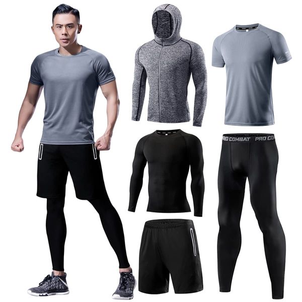 Men’s Compression Wear, Top/Bottom Set, Training, 2/3/4/5-Piece Set, Breathable, Odor Resistant, Sportswear, Running, Hoodie, Short-Sleeve/Long-Sleeve Shirt, Shorts, Tights, Sweat Absorbing, Quick-Dry - Gray 02-5 Pack