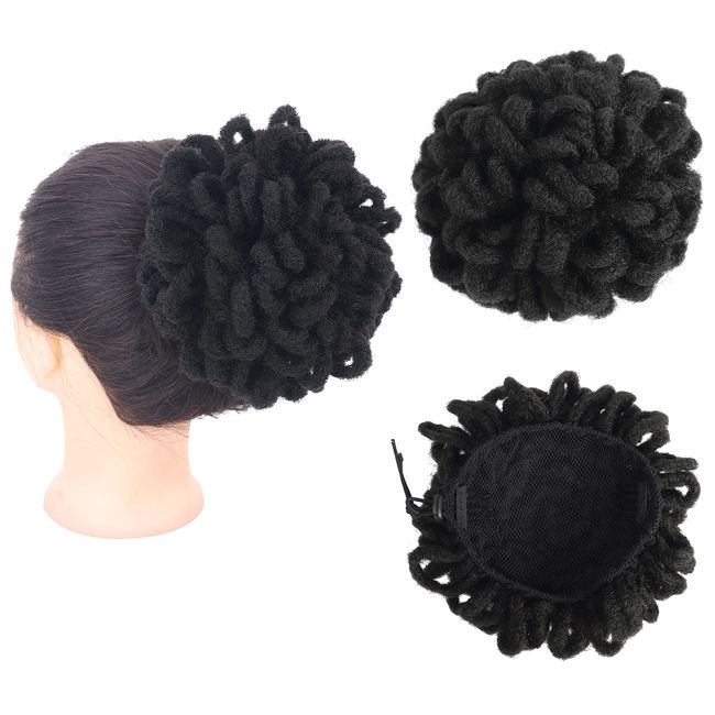 MEIRIYFA Dreadlock Bun Afro Puff Kordelzug Pferdeschwanz Haar Chignon Dreadlock Faux Locs Braids Dutt Clip in Haarverlängerungen für schwarze Frauen (Schwarz)