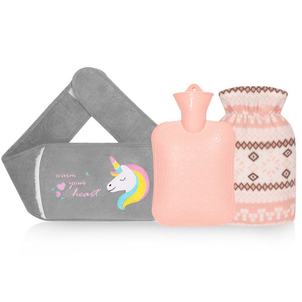 Hot Water Bottle with Cover, Winter Hot Water Bag with Hand Warmer Cover and Waist Strap, Cute Unicorn Pouch, Good for Pain Relief from Backache, Headaches, Arthritis, Tummy Pain etc.