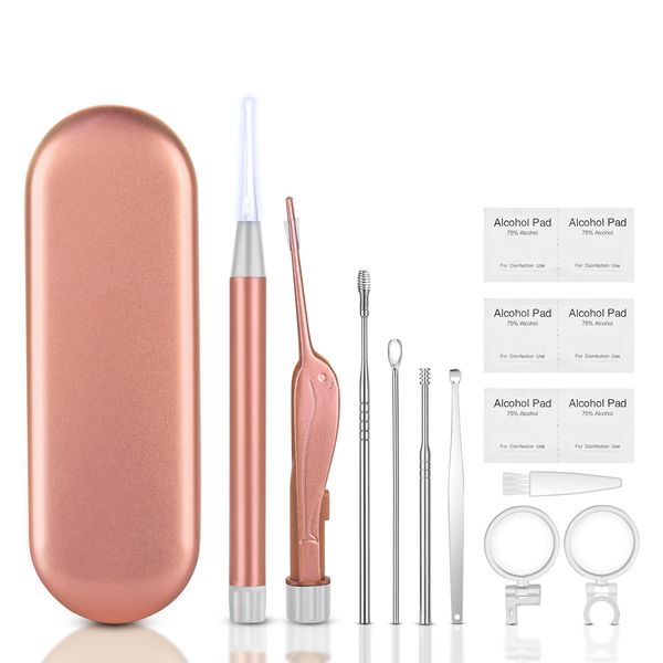 Vicloon Ear Wax Removal Kit, 15 Pcs Ear Pick Earwax Removal Tool Ear Cleaning Tool, Stainless Steel Ear Pick Ear Cleaning Tool Set, Reusable Ear Wax Removal Set for Children & Adults (Pink)