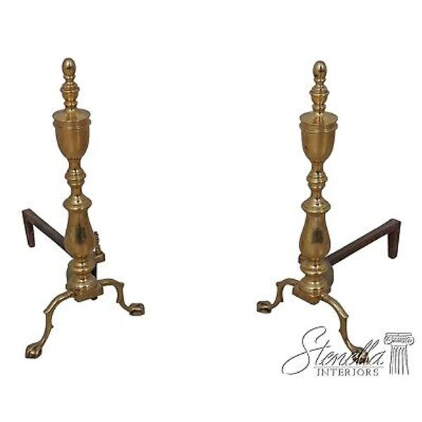 F60042EC: Pair Chippendale Style Vintage Brass Fireplace Andirons