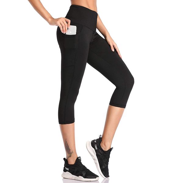 SIMIYA Womens Sports Leggings High Waist Fitness Capris Running Tights with Pockets 3/4 Length Slim Fit Cropped Yoga Pants Power Stretch Gym Trousers(Capris-Black,M)