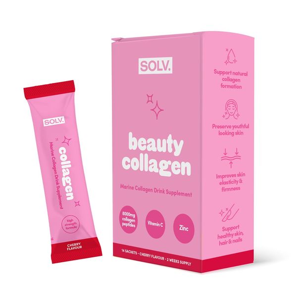 Solv Liquid 8000mg Marine Collagen Peptide Beauty Supplement Gel 14x15ml Sachets High Strength Great Tasting VIT C Biotin. for Skin, Hair, Nails. Firmness, Elasticity Menopause Support (Cherry)