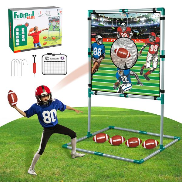 Football Toss Target Games with Stand, Throwing Target Game, Throwing Sport Toy for Kids, Football Toys Passing Targets with 4 Inflatable Footballs, American Football Game, Outdoor Fun for Children