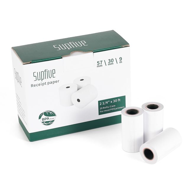 Supfive 57x30mm (20 Rolls) Receipt Rolls 9m Length Thermal Paper Rolls for Mobile and Thermal Printers