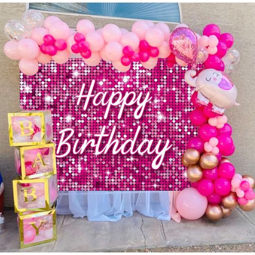 Pink Flash Square Photography Backdrop Hot Pink Happy Birthday Glitter Shinning Sequin Wall Panels Shimmer Wall Background for Girls Woman Birthday Party Decorations Banner (Pink, 8X6FT(94X70inch))