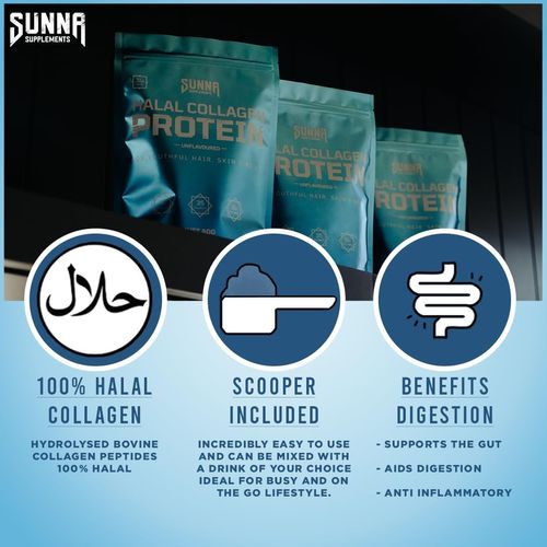 SUNNA SUPPLEMENTS - Halal Bovine Collagen Protein Powder for Hair, Skin, Nails and Joints - Halal Collagen Powder for Women and Men - Highly Rich Protein Collagen Powder Suitable for Everyone