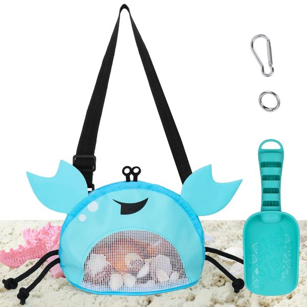 AMOR PRESENT Mesh Beach Bag for Kids, Shell Collecting Bag with Shovel Crab-Shaped Seashell Bag Adjustable Strap for Holding Shell Sea Pool Sand Toy, Blue