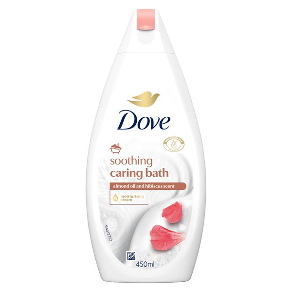 Dove Soothing Caring Bath Bath Soak with ¼ moisturising cream, almond cream & hibiscus for an indulgent bubble bath 450 ml