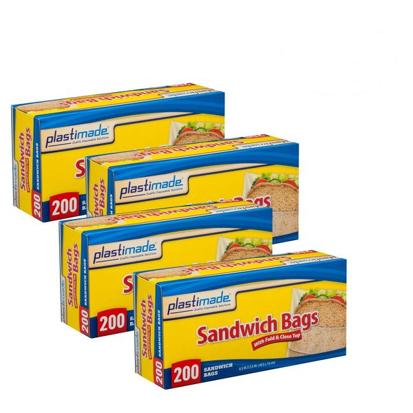 Plastimade Sandwich Bags With Fold & Close Top (6.5 in X 5.5) in 200 Count Pack of 4