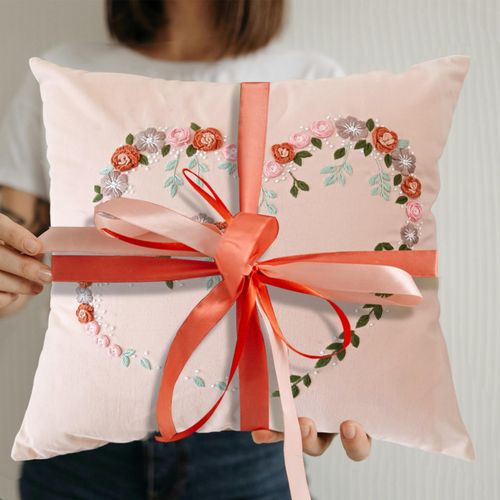 FONNUY Crewel Pillow Case Embroidery Kit, Heart Shaped Loving You Floral Stamped Pattern Kits for Audlt Beginners, Works Crafts Throw Pillow Cover Great Gift for Loved Ones, 18 x 18'' (Coral)
