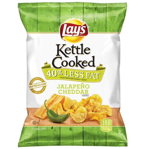 Lay's Kettle Cooked 40% Less Fat Jalapeño Cheddar Flavored Potato Chips, 1.375 Ounce (Pack of 64)