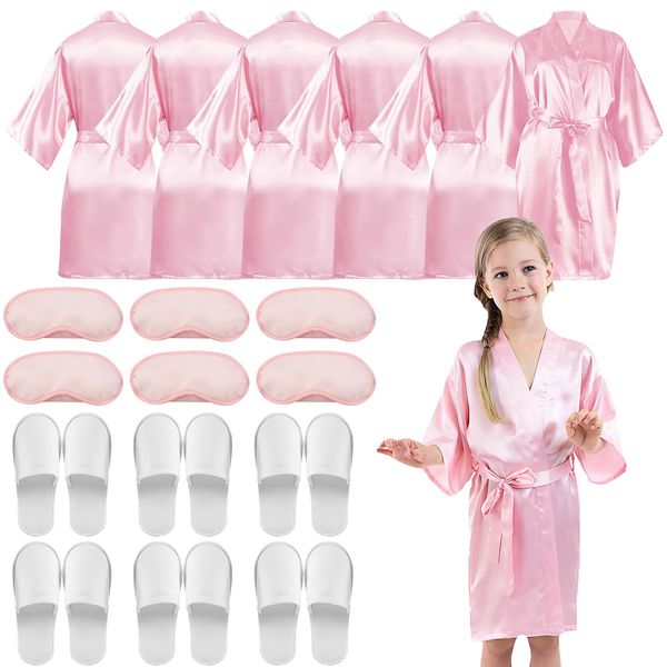 LYCN 6Pcs Girls Satin Kimono Robe, Spa Party Robe Set with 6 Silk Eye Mask & 6 Pair Slippers, Flower Girl Birthday Squad Bath Robes Kids Princess Sleepwear for Wedding Bridal Shower (Size 12)