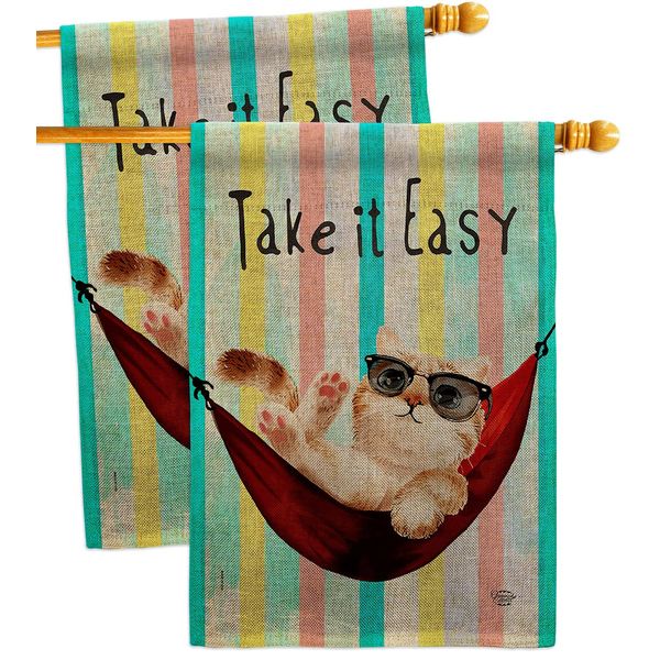 Ornament Collection Take it Easy Burlap House Flag 2 pcs Pack Cat Kitten Meow Spoiled Paw Fur Pet Nature Farm Animal Creature Decoration Banner Small Garden Yard Gift Double-Sided, Made in USA