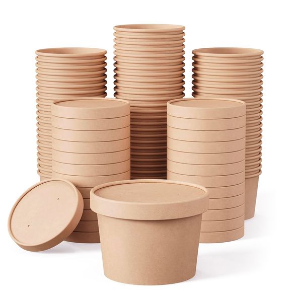 SPICOM 25 Pack 8 oz (236.6ml) Eco Friendly Brown Kraft Disposable Soup Ice Cream Cups Containers with Lids, Microwave Safe and Freezer Safe 25 Cardboard Cups Disposable Containers for Hot Soup