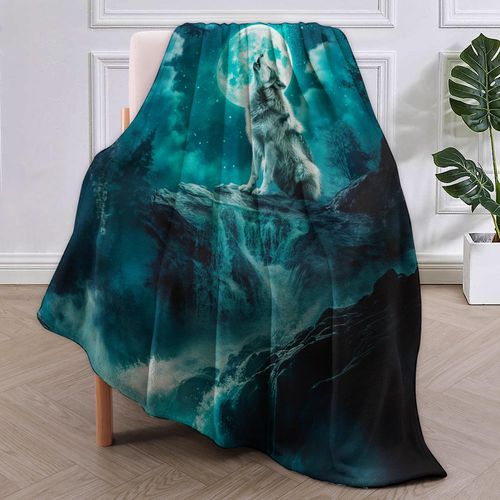 VANZEV Wolf Blanket, Wolf Howling Flannel Throw Blankets,Soft Warm Lightweight Cozy Plush Animal Moon Throws for Bedroom Sofa Office Home Decor Gifts for Adults Men Kids Girls 60"x50"