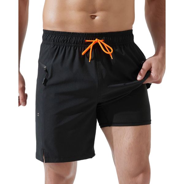 Arcweg Swim Shorts Men with Zip Pockets Swimming Shorts Quick Dry Swimming Trunks with Compression Liner Double Layer Men's Swimming Shorts Black L