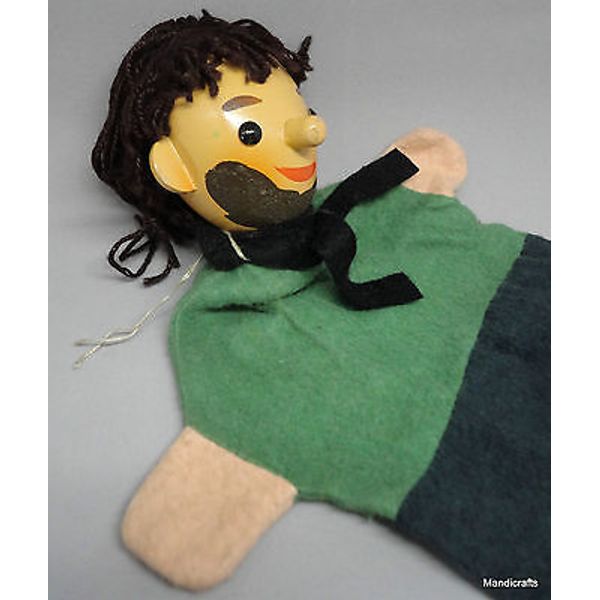 Spieldorst DDR Robber Hand Puppet Wood Head 1960s Flannel Glove Julius Dorst Vtg