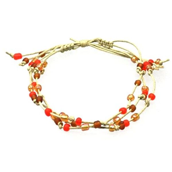 Handmade 3 String Adjustable Brown Bead Surf Anklet on Beige Cord