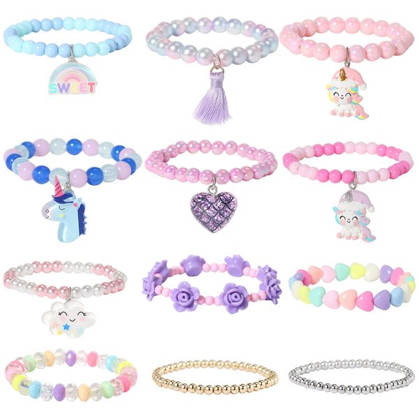 Pinkgarden Beaded Bracelets for Kids Little Girl, 12 Pcs Unicorn Friendship Heart Flower Cloud Tassel Bracelets for Baby Girls Teen Bracelet Princess Party Favors Birthday Gift