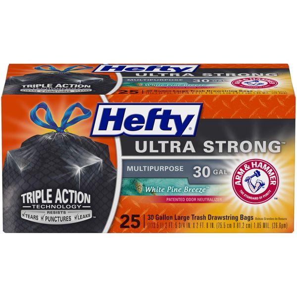 Hefty Ultra Strong Multipurpose Large Trash Bags, Black, White Pine Breeze Scent, 30 Gallon, 25 Count