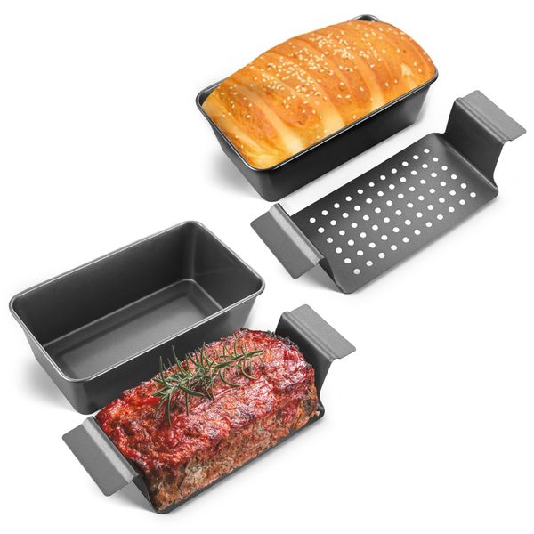 HONGBAKE 4 Pack Meatloaf Pan with Drain Tray, 9 x 5 Inches Loaf Pans with Insert, Nonstick Meat Loaf for Baking, Grey