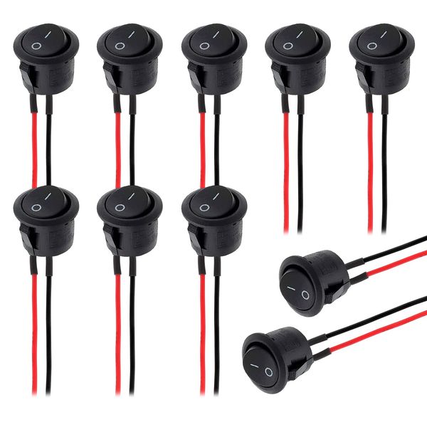 LIANHATA 10pcs Rocker Switches Black 125V/10A 250V/6A with Soldered Wire, Round Boat Offboat Rocker Switch, Guru Switch, On Automotive, Power Tools, Home Appliances (Set of 10)