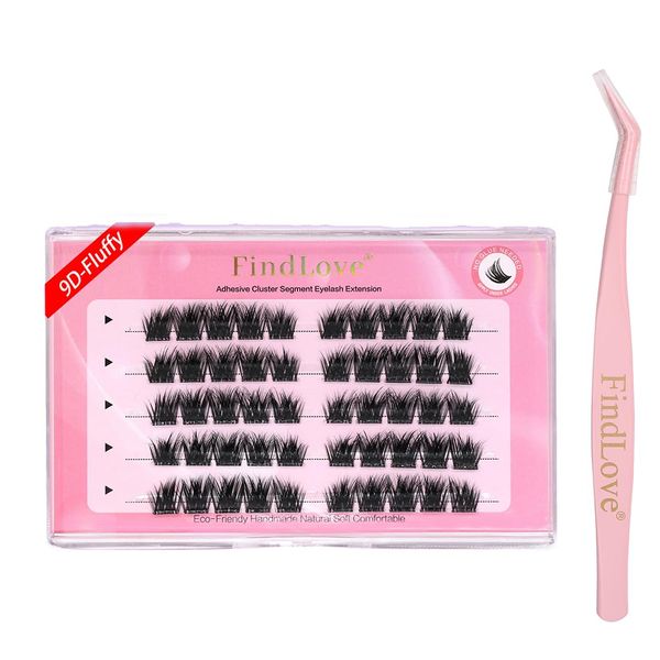 FindLove Wispy Individual False Natural Lash Clusters Kit D Curl Volume Reusable Adhesive Eyelashes Professional Lash Extension No Glue Tray Self Stick on Cluster