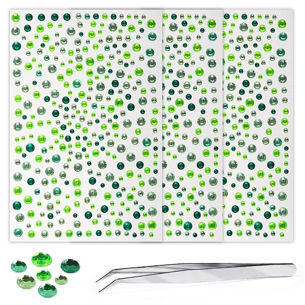 3 Sheets Rhinestone Stickers Mixed Green Adhesive Gems 3-6mm Diameter Face Jewels Stickers Bling Hair Diamond Decals Sparkly Crystal Pearls for Body Face Nails Crafts Decoration (Mixed Green)