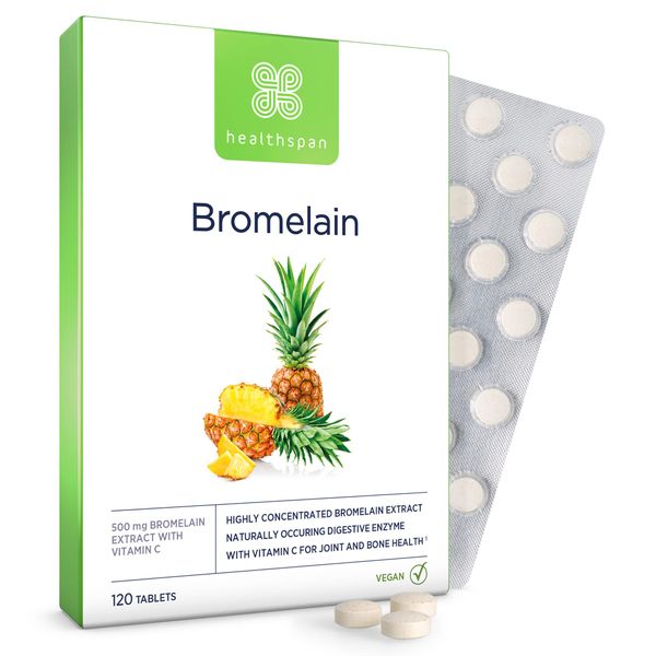 Healthspan Bromelain with Added Vitamin C | 120 Tablets | 500mg Bromelain Extract | Digestive Enzyme | Pineapple Plant | Vegan