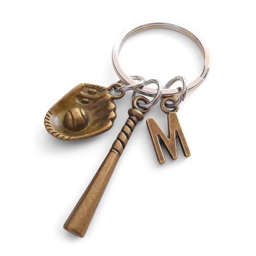 Custom Bronze Baseball Keychain with Baseball Glove & Baseball Bat Charm, Softball or Baseball Player Gift