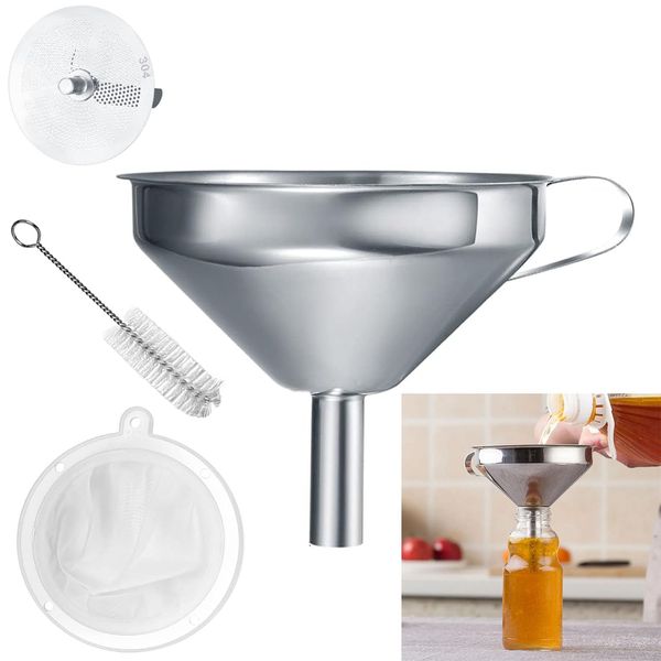 Kitchen Funnels 13cm Stainless Steel Funnel Set with Handle Detachable Strainer and 200 Mesh Filter Metal Funnel for Filling Bottles, Filter Liquid, Oils, Powder, Juice, Wine, Coffee, Tea, Jam