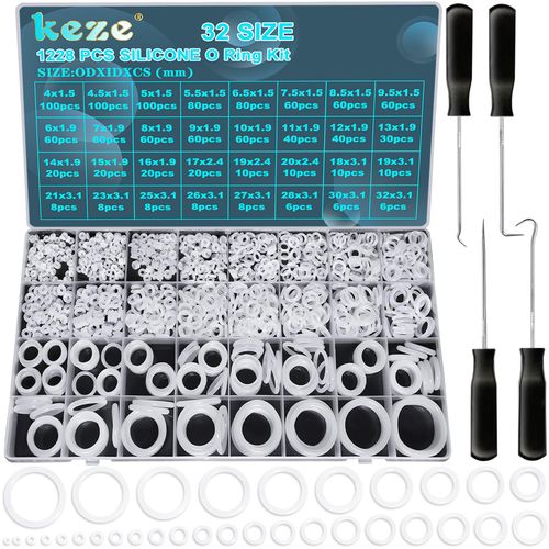 KEZE 1228 Pcs 32 Size Clear Food Grade Silicone O Rings Assortment Kit with Pick and Hook,White Heat Resistance VMQ Seal Oring Set Metric OD:4-32mm