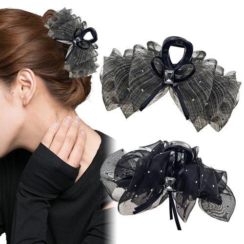 2 PACK Hair Claw Clips for Women Girls, Square Rhinestones Satin Silky Bow Hair Barrette Nonslip Clip Solid Color Hair Accessories for Thick and Thin Hair