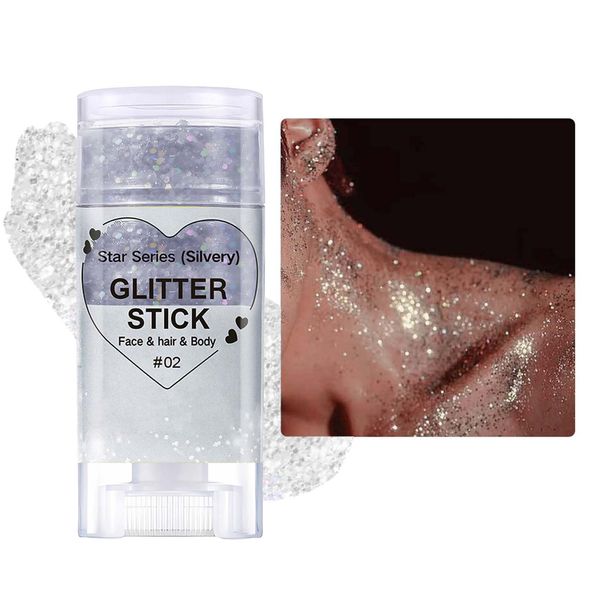 Glitzer Gesicht Stick, Mermaid Glitzerstifte, Sparkling Body Glitter Stick, Chunky Holographic Sequins Face Glitzerpulver für Körper, Haare, Gesicht und Nail, Christmas Rave Accessories(#02 Silver)