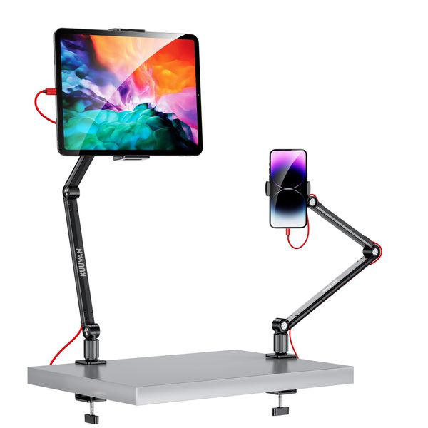 KUUVAN Tablet Arm 2024 Newest Mobile Monitor Stand, Six Joints, Aluminum, Compatible with 4.7-17.3 Inches, Load Capacity: 3.3 lbs (1.5 kg), Wide Range of Movement, Overview Photography, Angleless,