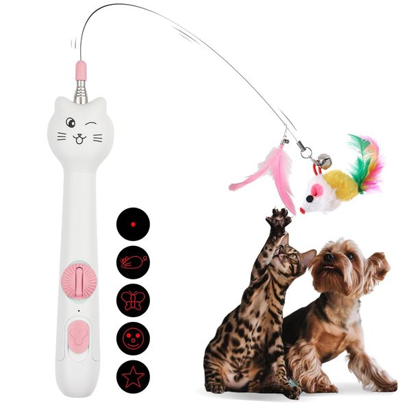 Cat Toys for Indoor Cats Retractable Cat Wand, with Feather & Mice, 3-in-1 Laser Pointer Interactive Cat Toy, 5 Modes, Kitten Toy for Indoor Cat and Dog (Pink)