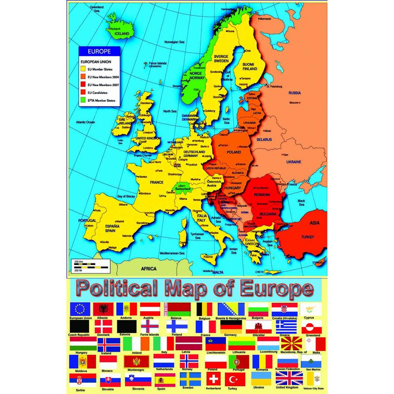 laminated Political Map Of Europe EUROPEAN Poster With Flags ...