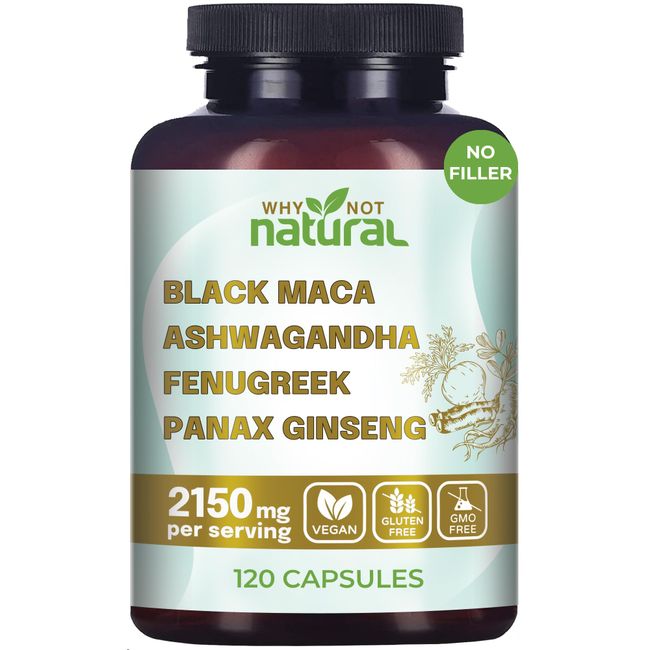 Why Not Natural 4-in-1 Organic Black Maca Root, Ashwagandha, Fenugreek, Panax Ginseng Capsules, Supplement for Men and Women (120 Count (Pack of 1)