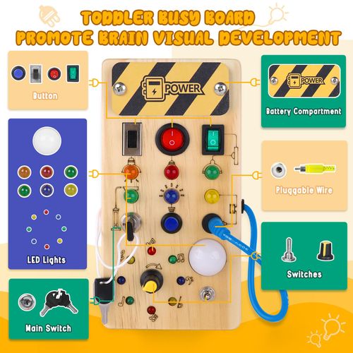 Konijiwa Montessori Busy Board 1 year old Children's activity board Wooden toy with 8 LED light switch toy Sensory learning toy Suitable for 1 2 3 4 year old babies and toddlers