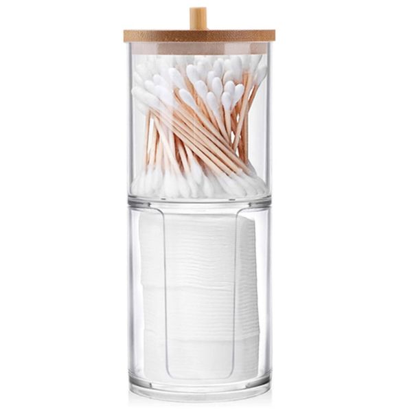 Sequpr Cotton Pad Holder Cotton Pad Container Holder Dispenser for Qtips, Cotton Bud, Cotton Swab, Cotton Ball, Cotton Pad Cosmetic Organiser with Bamboo Lid, Bathroom Canisters