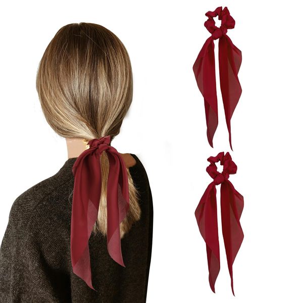 Red Silk Scrunchies for Women - Hair Scarf and Bow Accessories, Satin Christmas Hair Ties, 2pcs