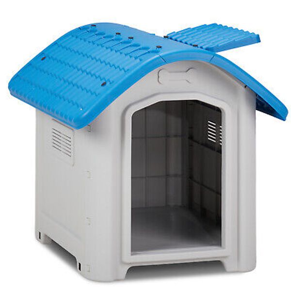 28 Inch Elevated Plastic Dog House with Adjustable Sunroof for Small Pets Blue