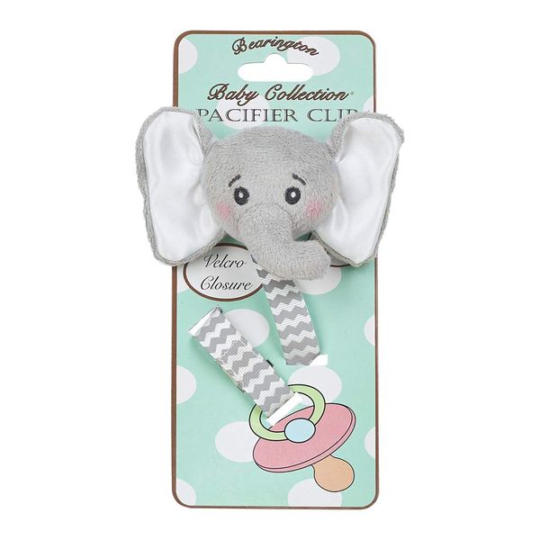 Bearington Collection Baby Pacifier Holder Clip for Baby Girls & Boys | Lil’ Spout Plush Gray Elephant Binkie & Paci Clip | Non Silicone | Satin Leash, Strap, & Binky Clip