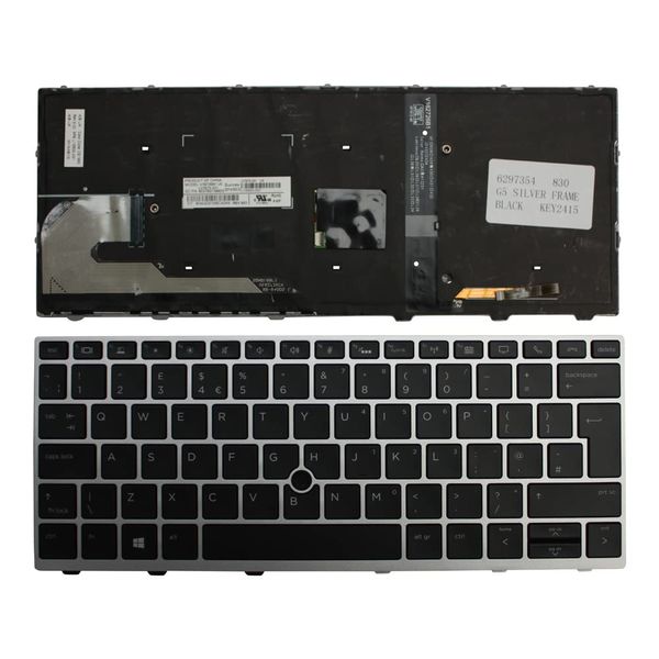 Power4Laptops UK Layout With Pointer Silver Frame Backlit Black Replacement Laptop Keyboard Compatible With HP EliteBook 830 G5