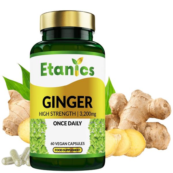 Etanics Ginger Capsules |High Strength 3200mg Ginger Root Extract Supplement | for Sickness, Nausea & Joint Pain |Suitable for Vegetarians and Vegans - Made in The UK