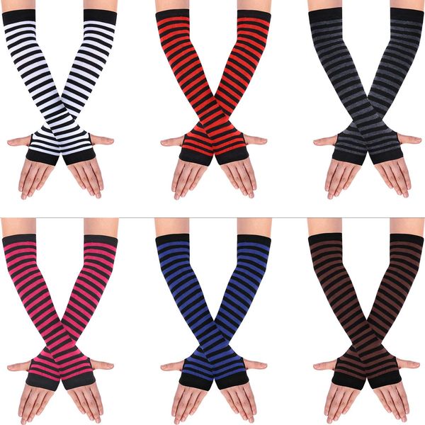 6 Pairs Long Fingerless Gloves for Women Knit Thigh High Striped Arm Warmer Punk Gothic Rock Thumb Hole Stretchy Gloves Gothic Clothes (Diversified Color)