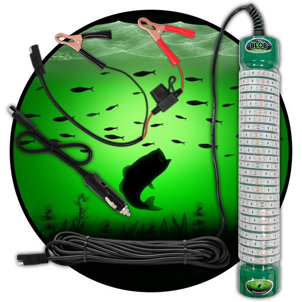 Green Blob Outdoors Underwater Fishing Light 15000 Lumens 12 Volt Night Fish Attracting Saltwater IP68 Waterproof with Alligator Clips and Cigarette Lighter QD Adapters, Long 30ft Cord, Made in Texas