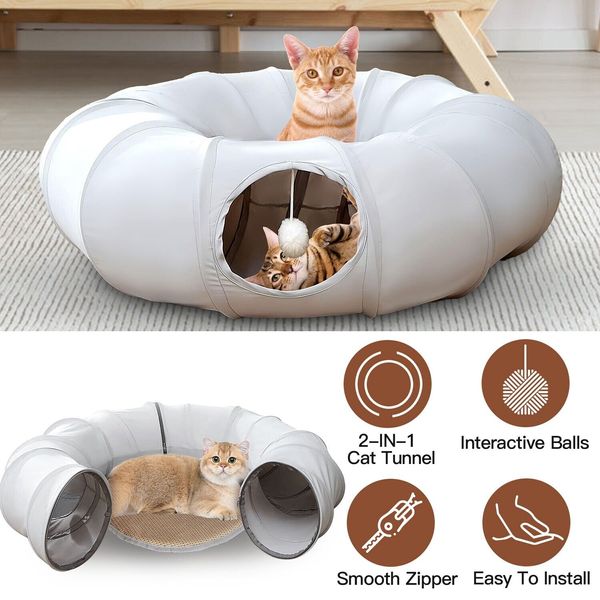 2 in 1 Cat Tunnel Pet Bed Indoor Playground Toys Folding for Small Medium Cat